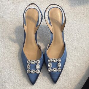 Ann Taylor Satin Blue Slingback Heels with Embellishments